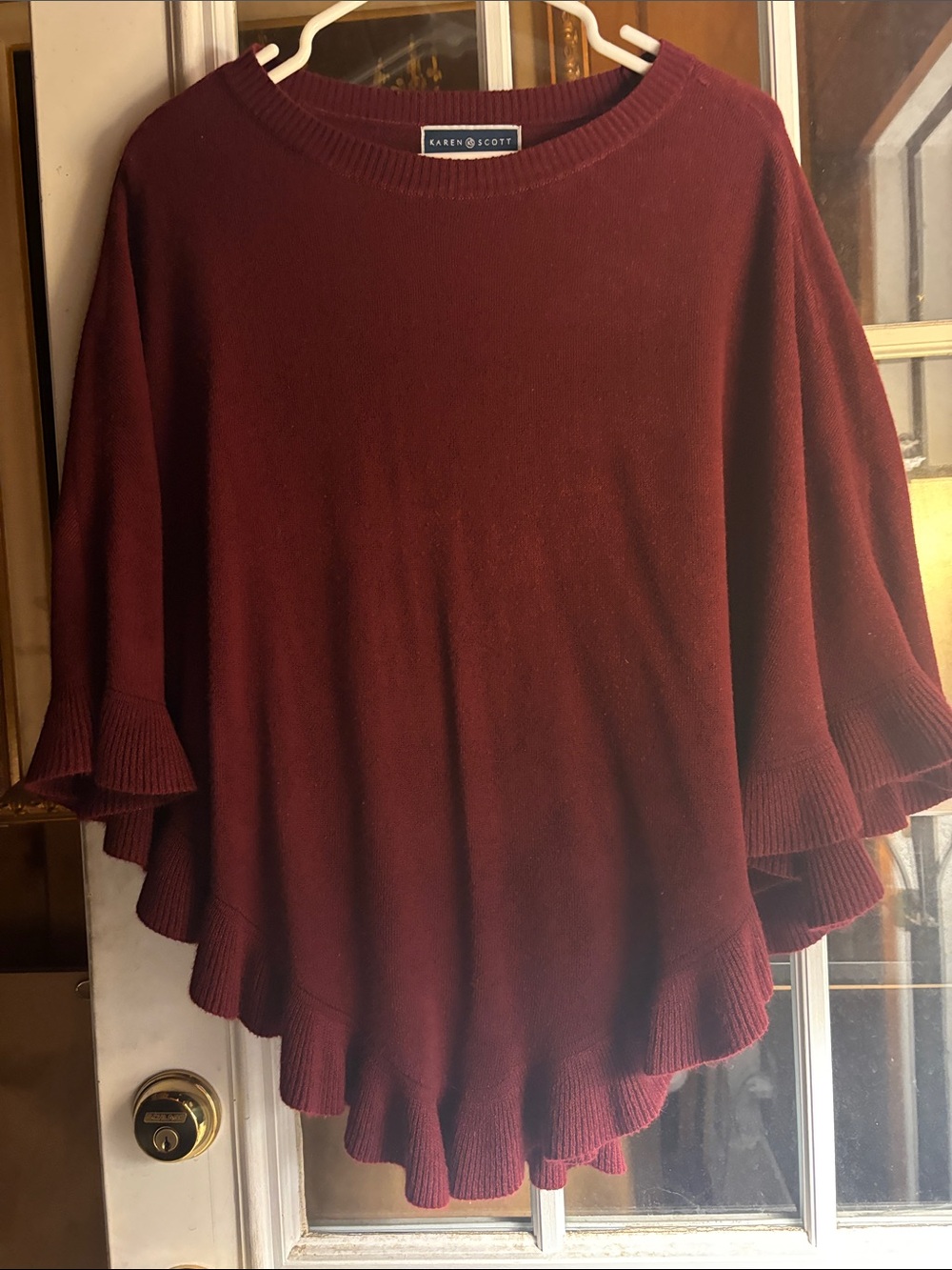 Karen Scott Burgundy Ruffle-Hem Poncho Sweater